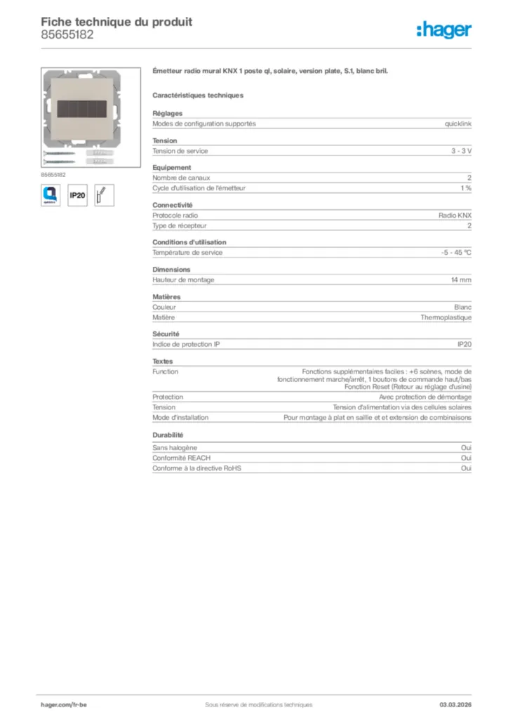 Image Hager Fiche technique du produit 85655182 | Hager Belgique