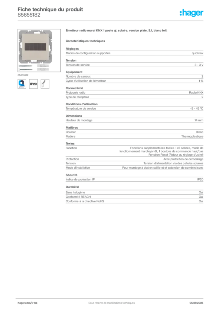 Image Hager Fiche technique du produit 85655182 | Hager Belgique