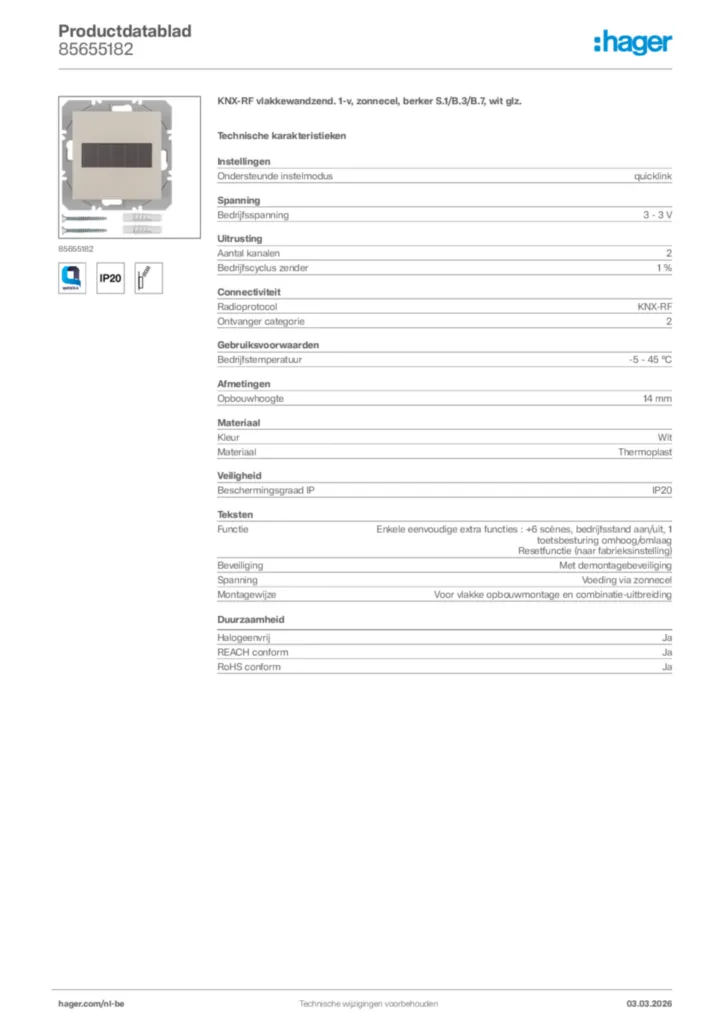 Afbeelding Hager Productdatablad 85655182 | Hager Belgium