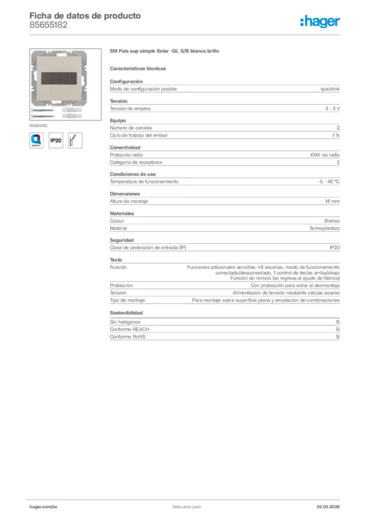 Imagen Hager Ficha de datos de producto 85655182 | Hager España