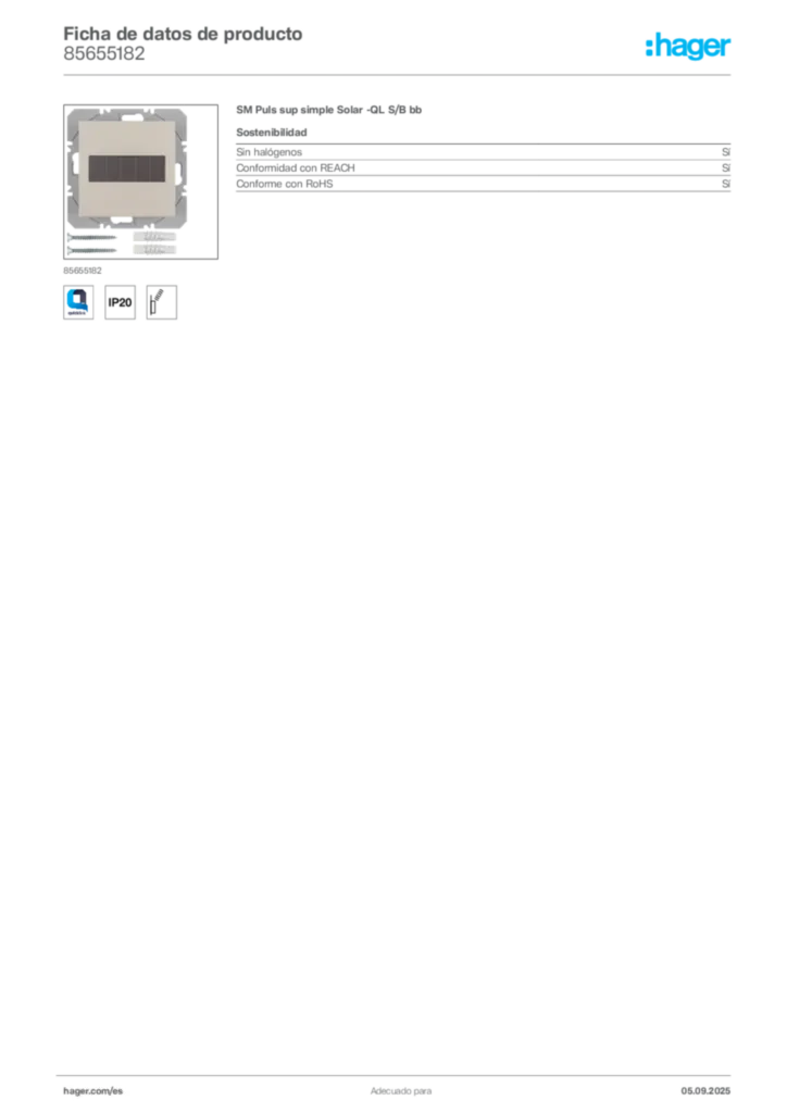 Imagen Hager Ficha de datos de producto 85655182 | Hager España