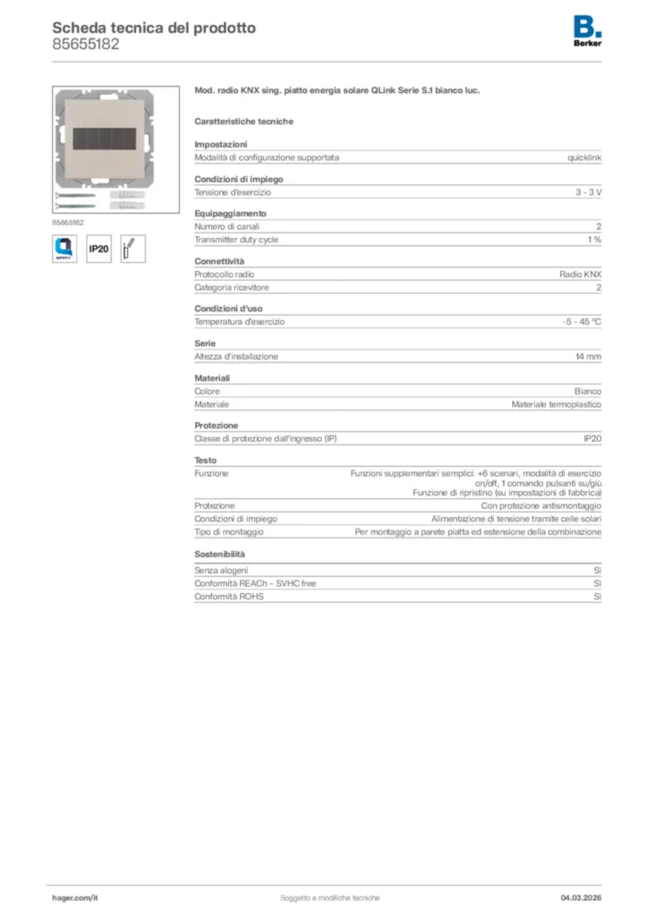 Immagine Berker Scheda tecnica del prodotto 85655182 | Hager Italia