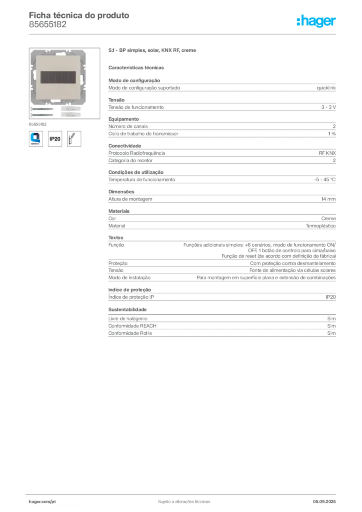 Imagem Hager Ficha técnica do produto 85655182 | Hager Portugal