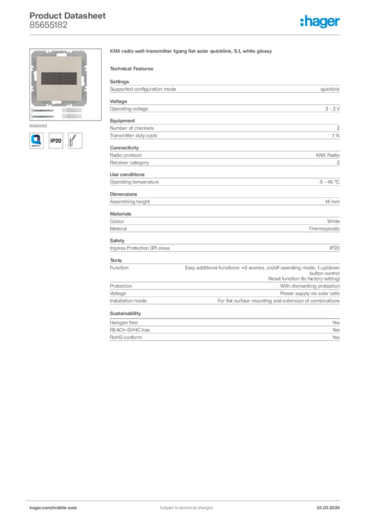 Image Hager Product data sheet 85655182  | Hager