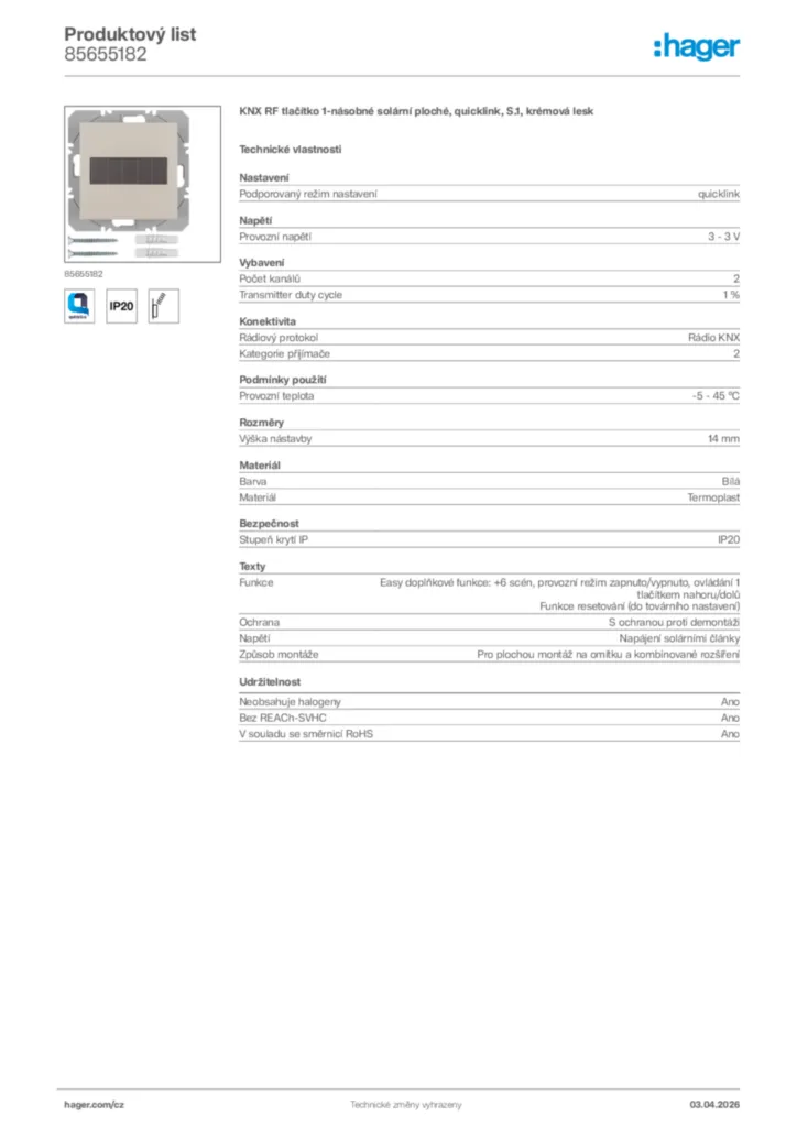 Obrázek Hager Product data sheet 85655182 | Hager