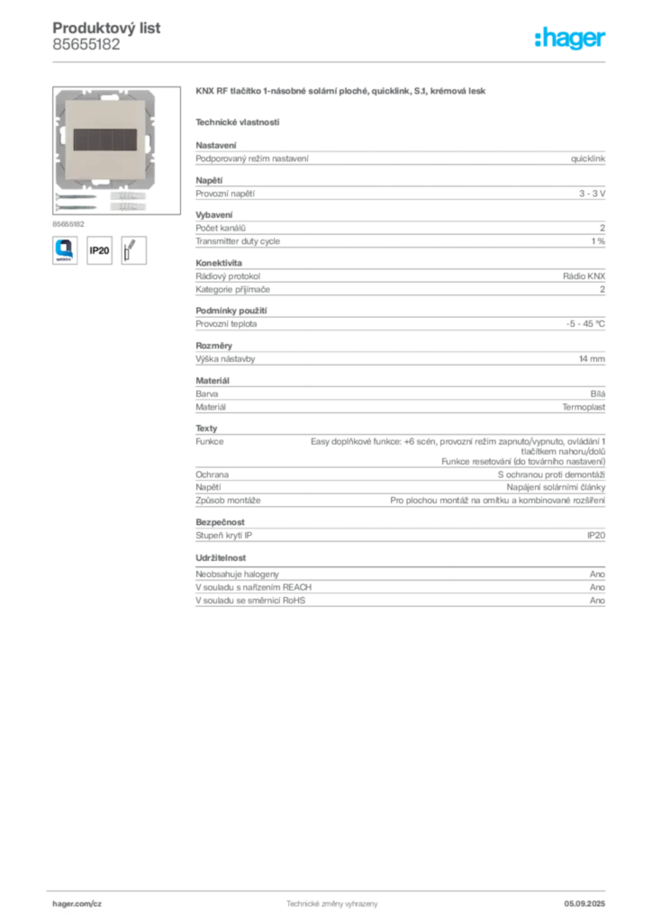 Obrázek Hager Produktový list 85655182 | Hager