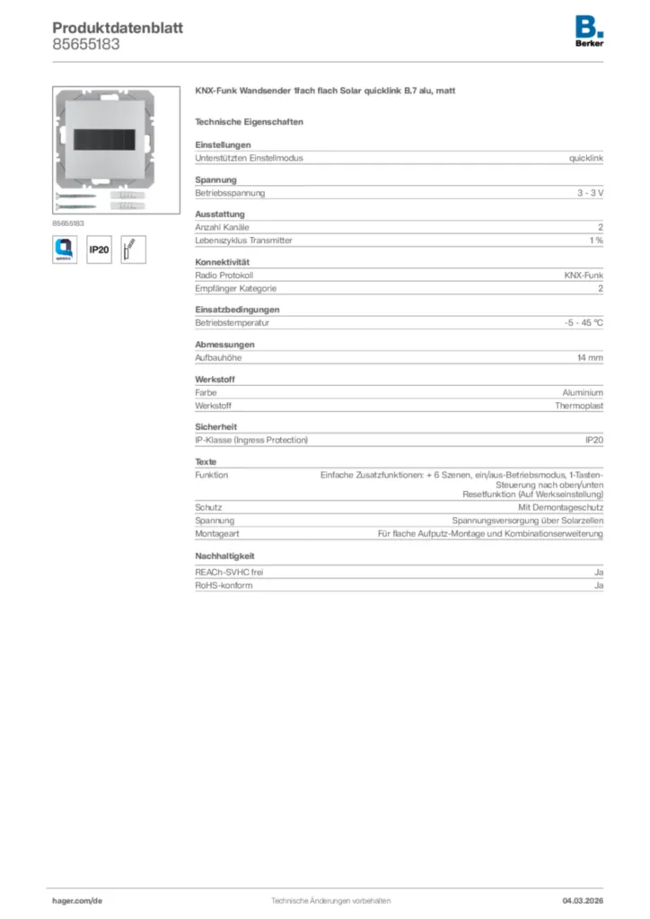 Bild Berker Produktdatenblatt 85655183 | Hager Deutschland