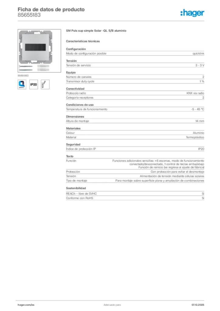 Imagen Hager Ficha de datos de producto 85655183 | Hager España