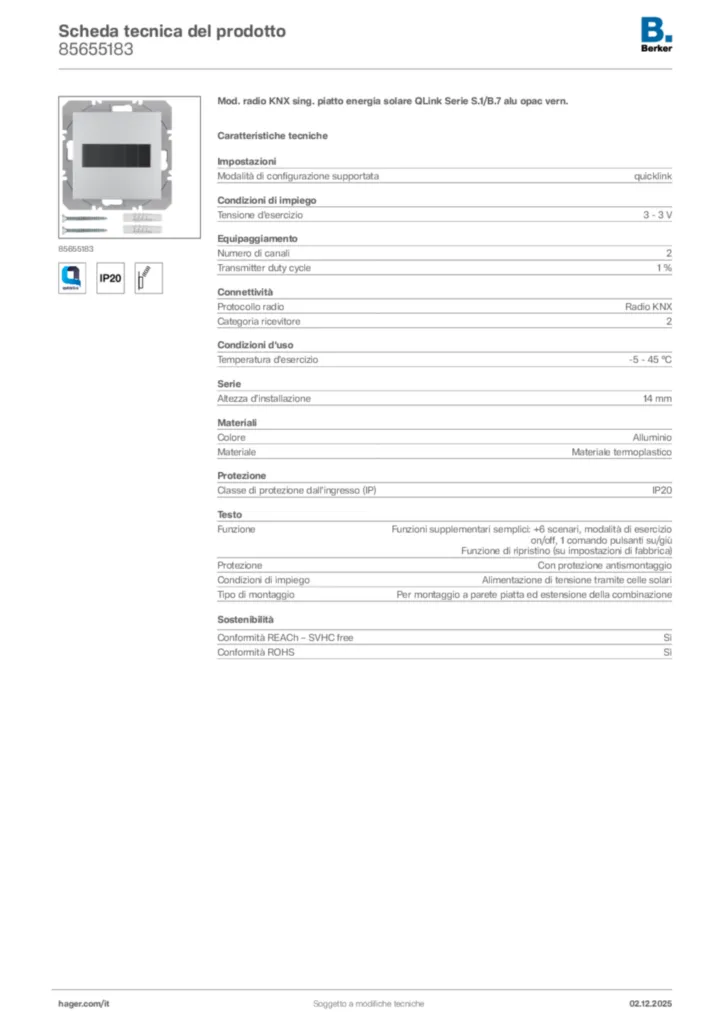 Immagine Berker Scheda tecnica del prodotto 85655183 | Hager Italia
