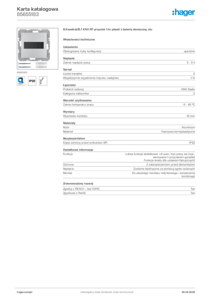 Zdjęcie Hager Karta katalogowa 85655183 | Hager Polska