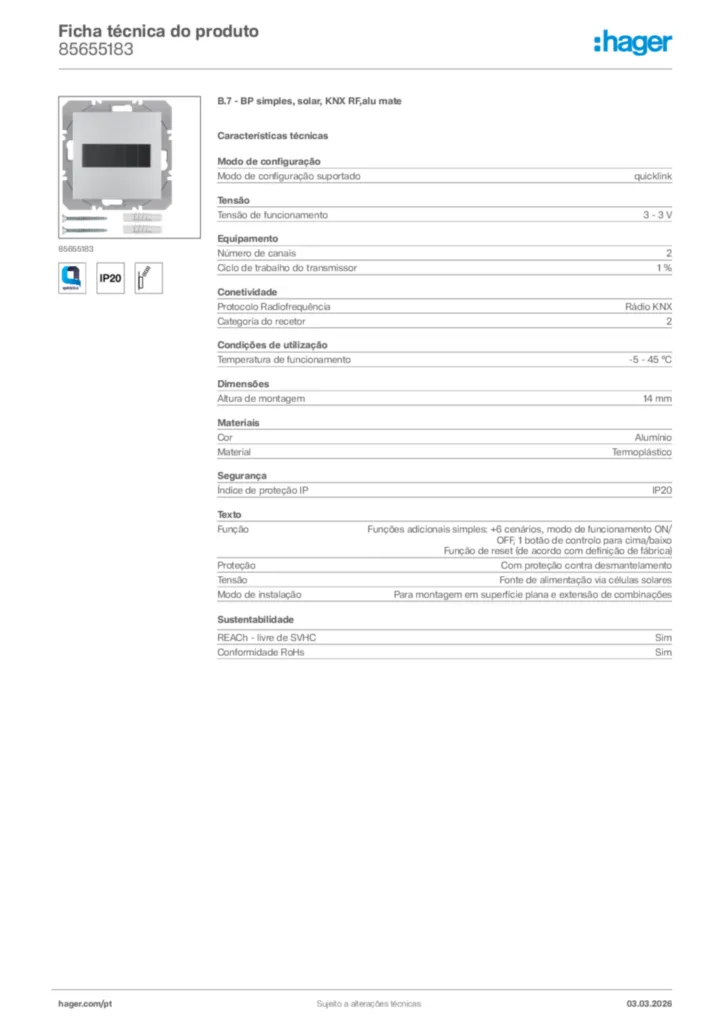 Imagem Hager Ficha técnica do produto 85655183 | Hager Portugal