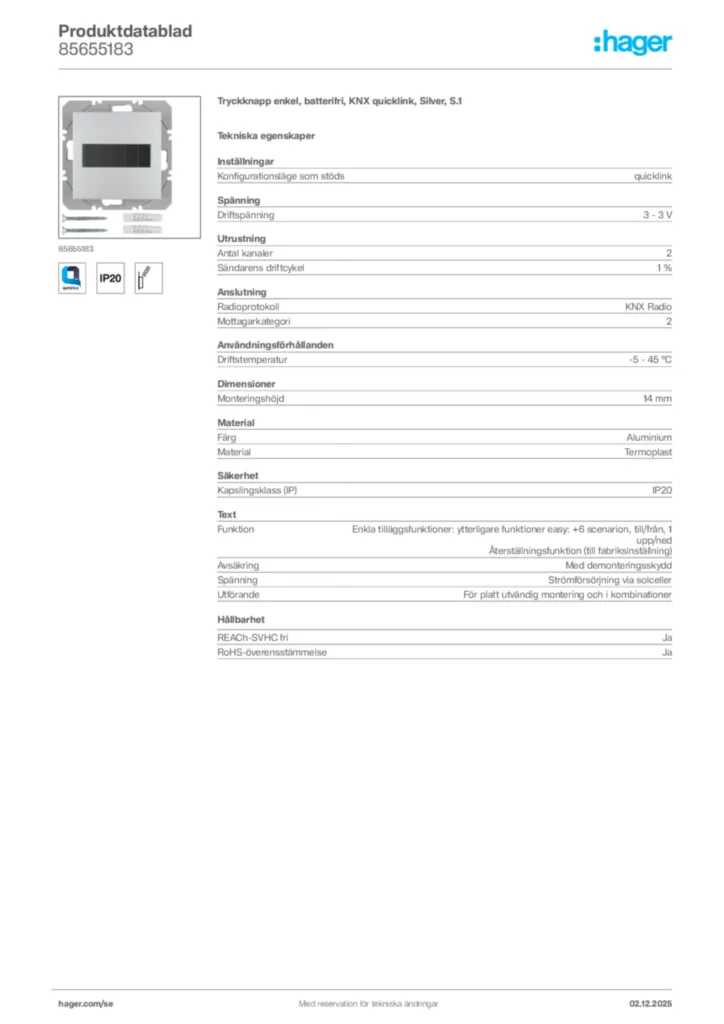 Bild Hager Produktdatablad 85655183 | Hager Sverige
