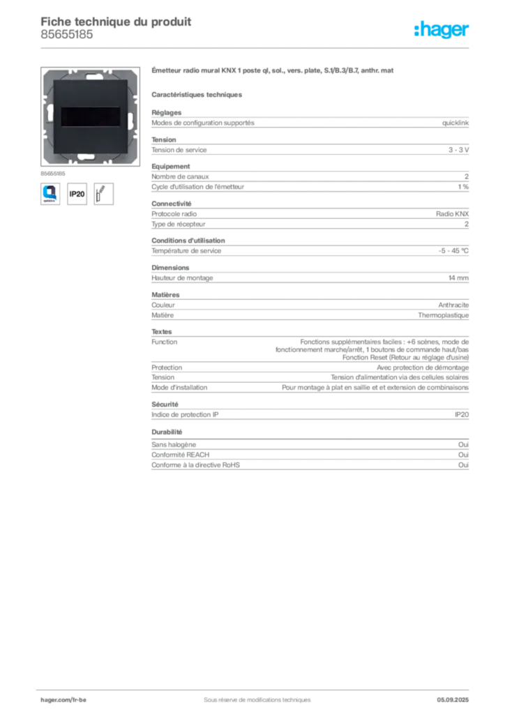Image Hager Fiche technique du produit 85655185 | Hager Belgique