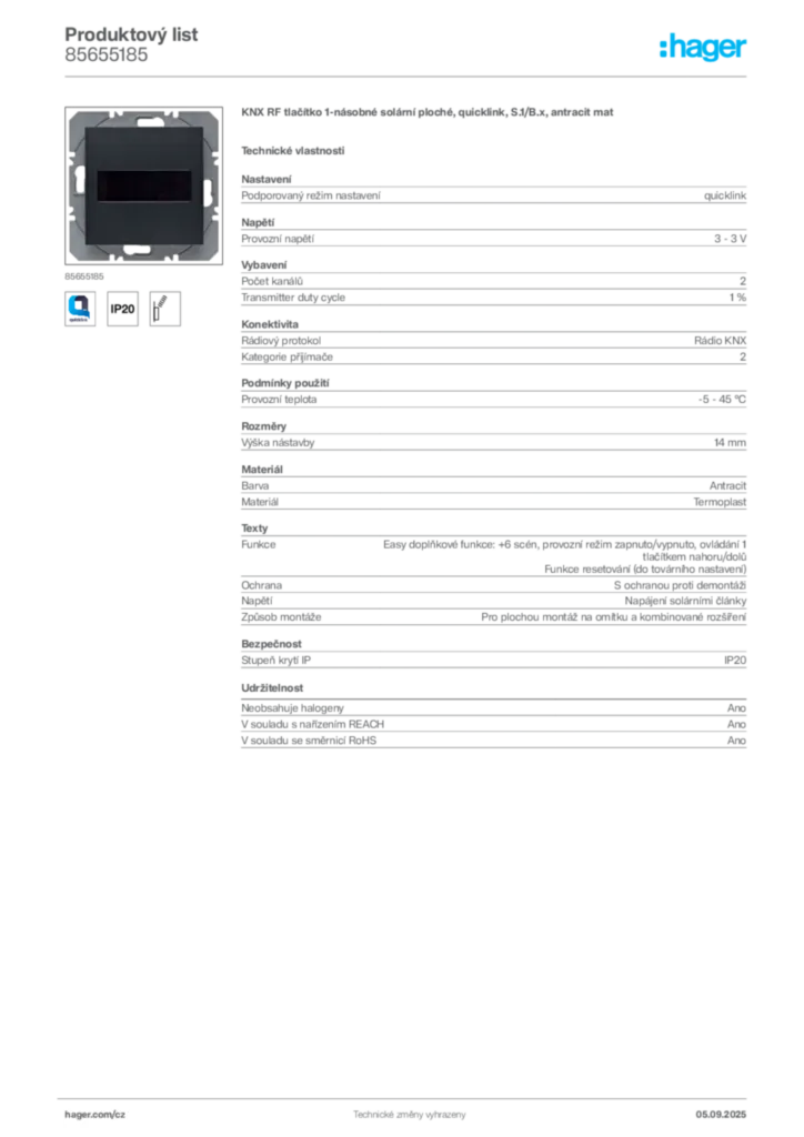 Obrázek Hager Produktový list 85655185 | Hager