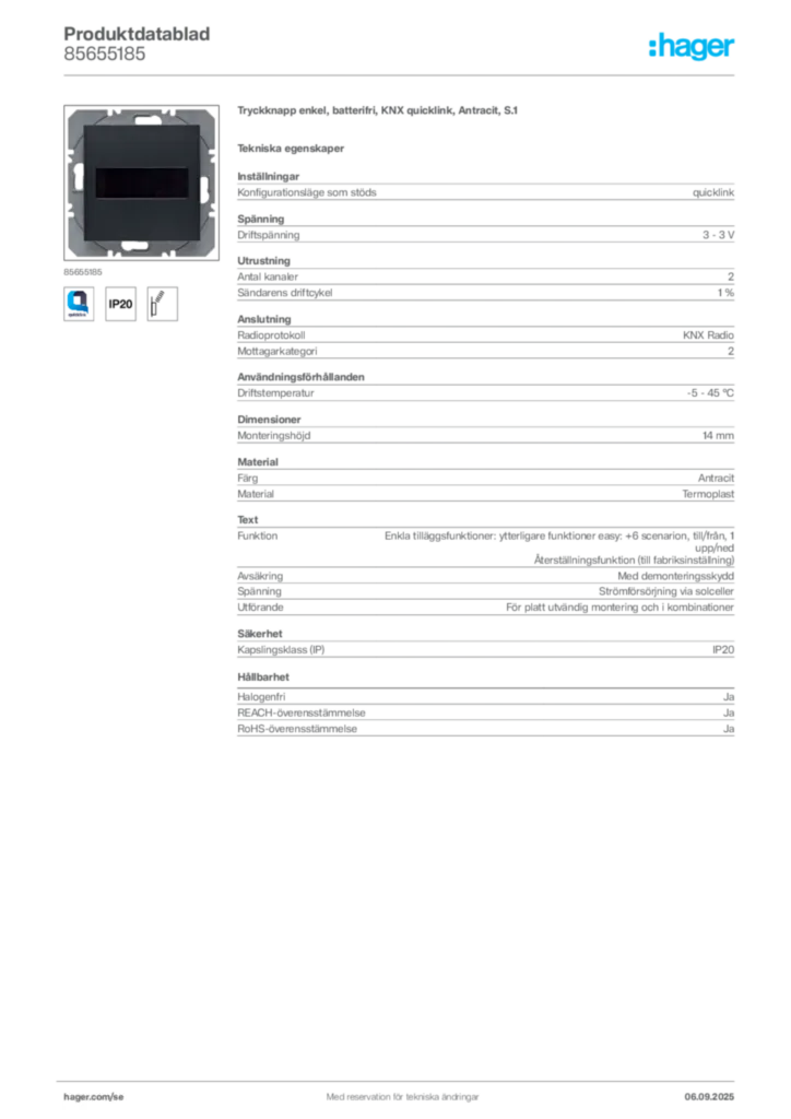 Bild Hager Produktdatablad 85655185 | Hager Sverige