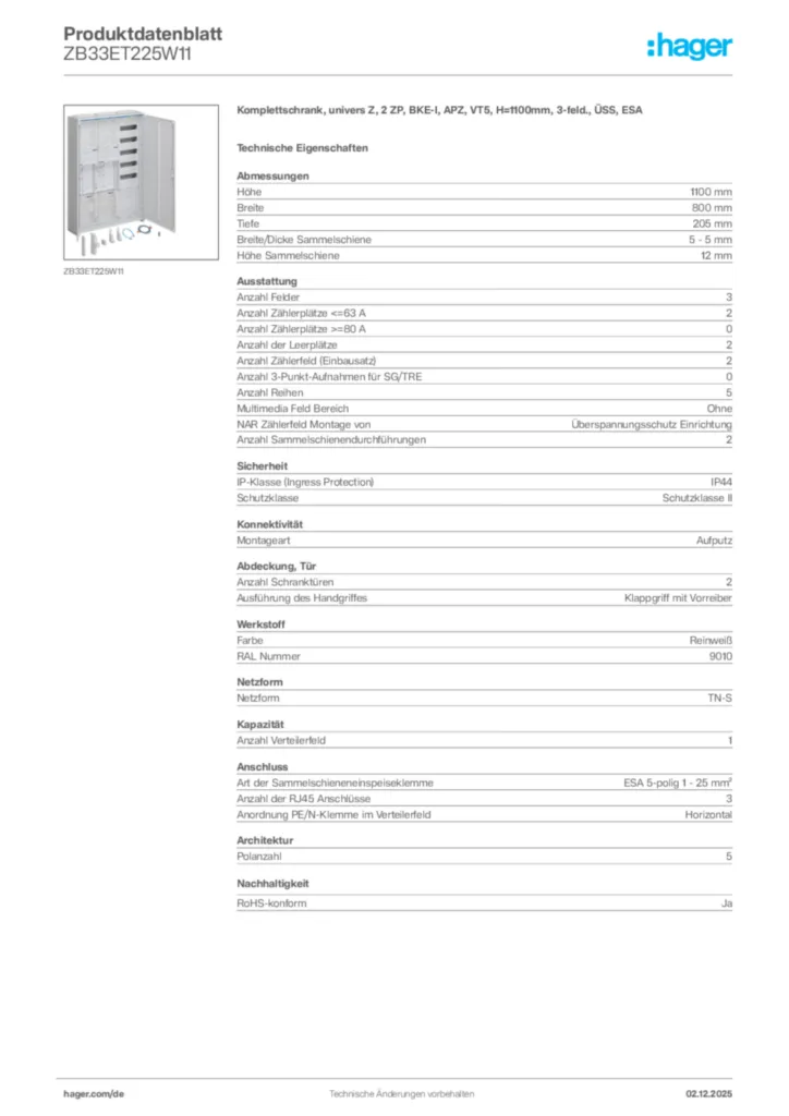 Bild Hager Produktdatenblatt ZB33ET225W11 | Hager Deutschland