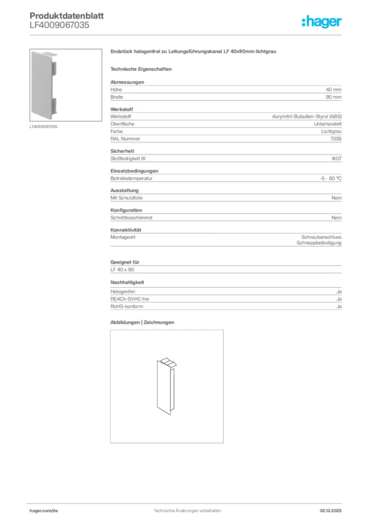 Bild Hager Produktdatenblatt LF4009067035 | Hager Deutschland