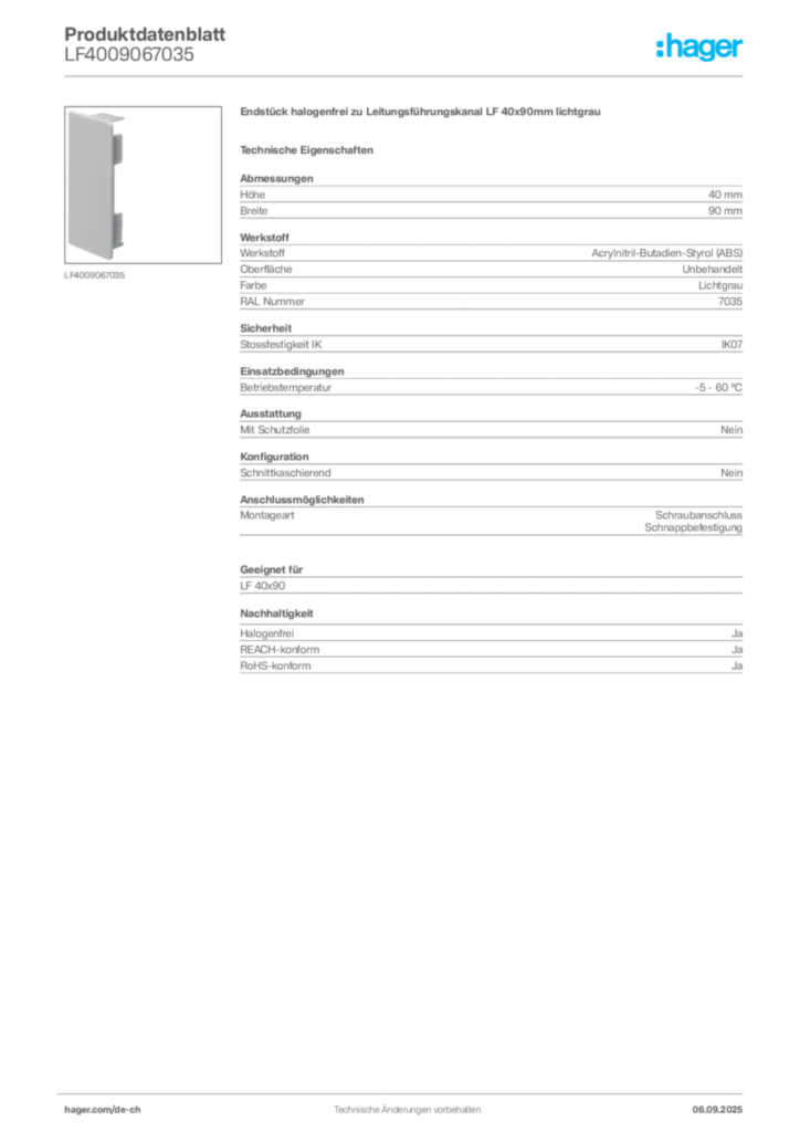 Bild Hager Produktdatenblatt LF4009067035 | Hager Schweiz