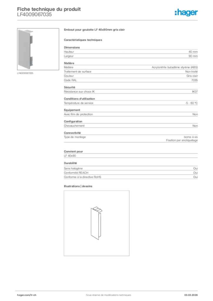 Image Hager Fiche technique du produit LF4009067035 | Hager Suisse