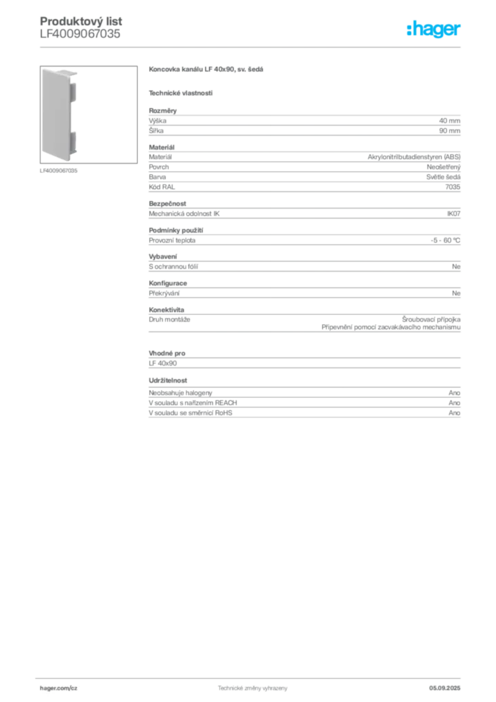 Obrázek Hager Produktový list LF4009067035 | Hager