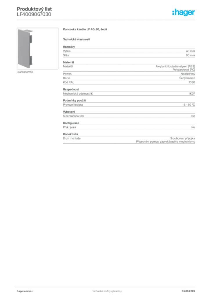 Obrázek Hager Produktový list LF4009067030 | Hager