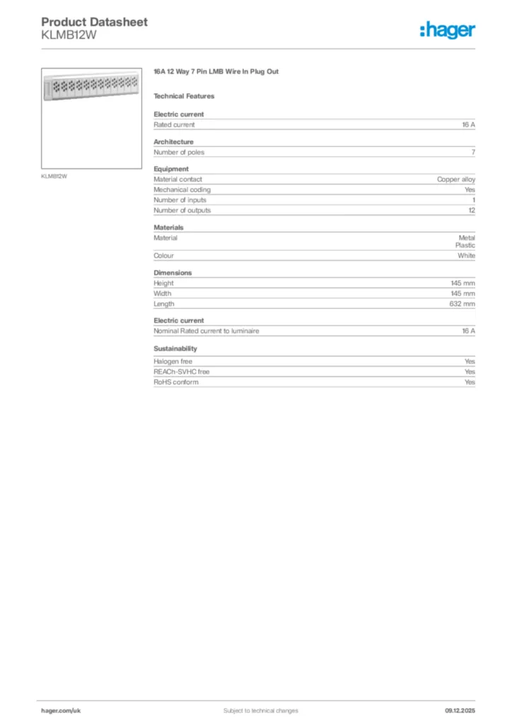 Image Hager Product data sheet KLMB12W  | Hager