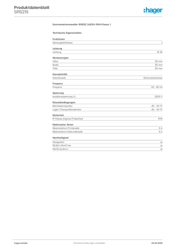 Bild Hager Produktdatenblatt SRS215 | Hager Deutschland