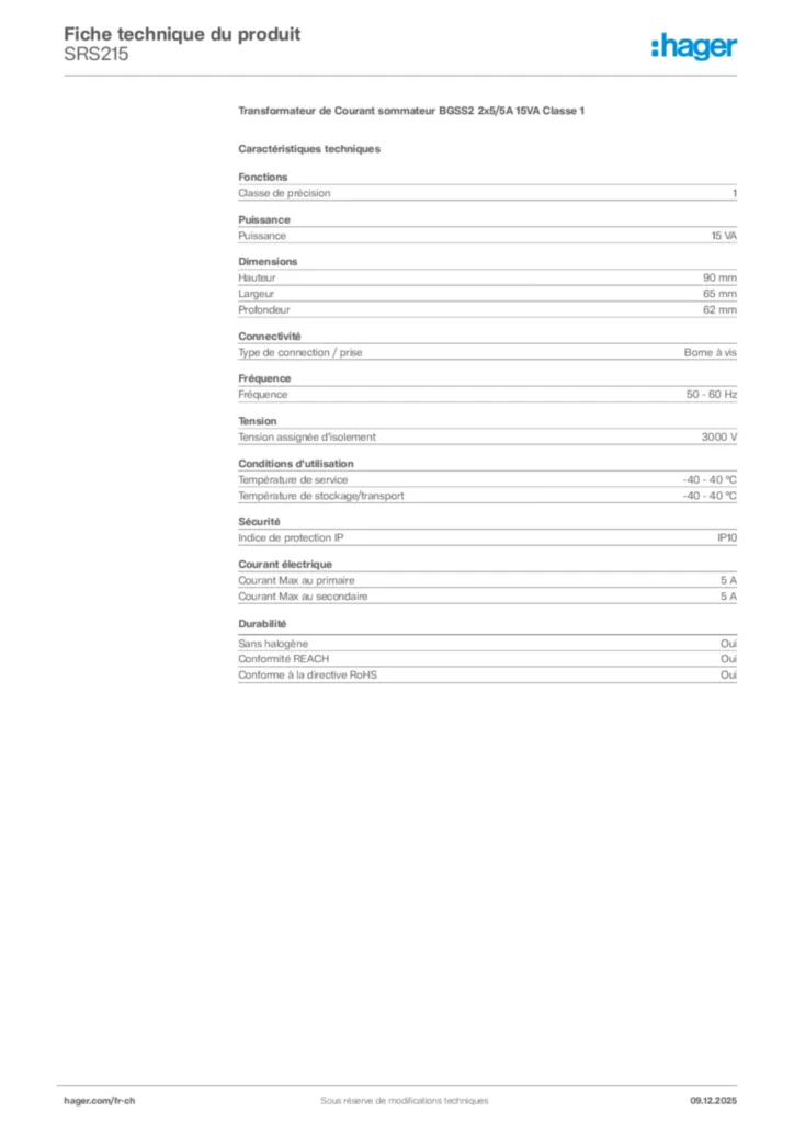 Image Hager Fiche technique du produit SRS215 | Hager Suisse