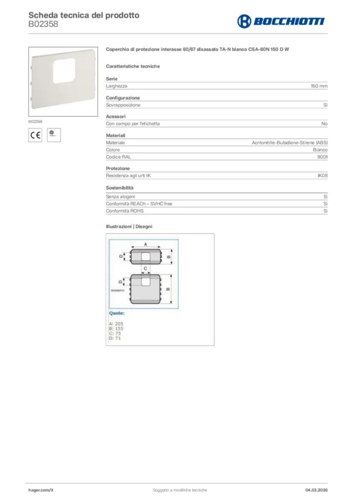 Immagine Bocchiotti Scheda tecnica del prodotto B02358 | Hager Italia