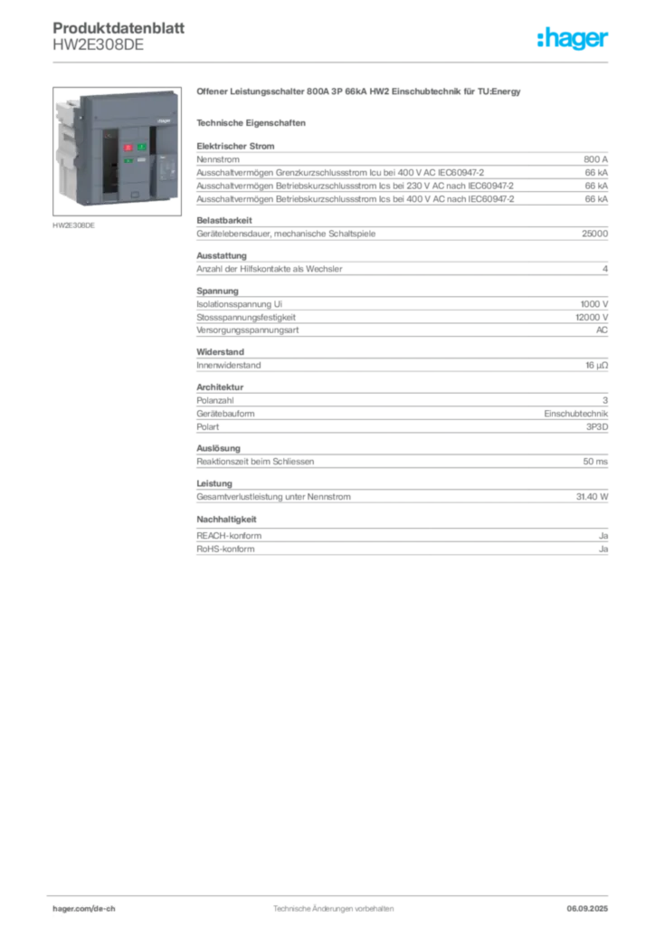 Bild Hager Produktdatenblatt HW2E308DE | Hager Schweiz