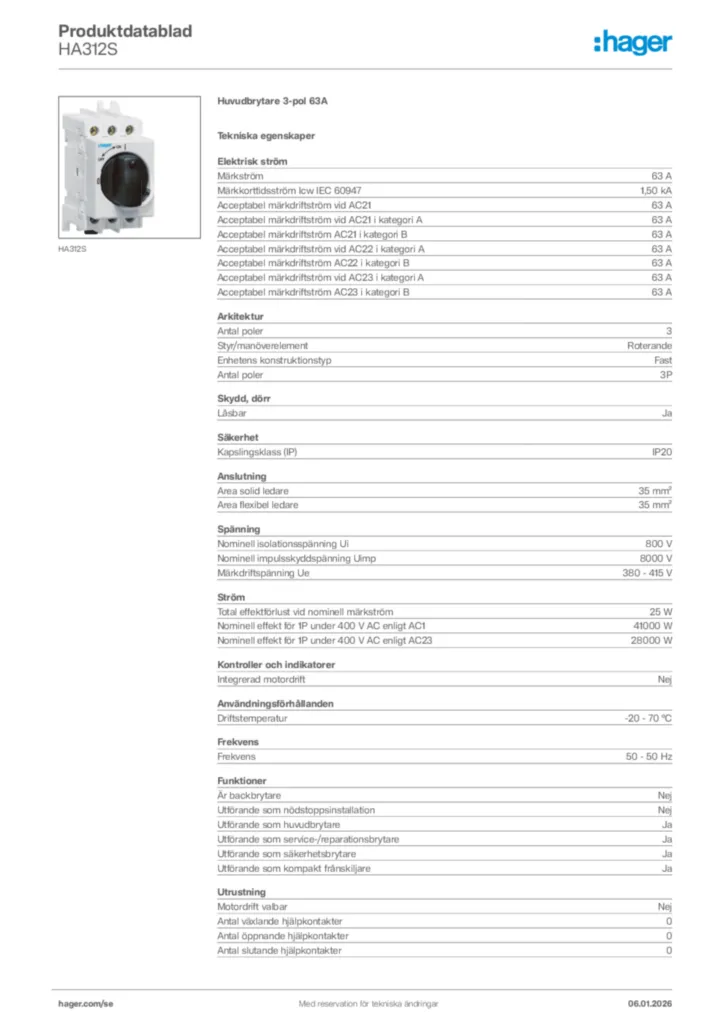 Bild Hager Produktdatablad HA312S | Hager Sverige