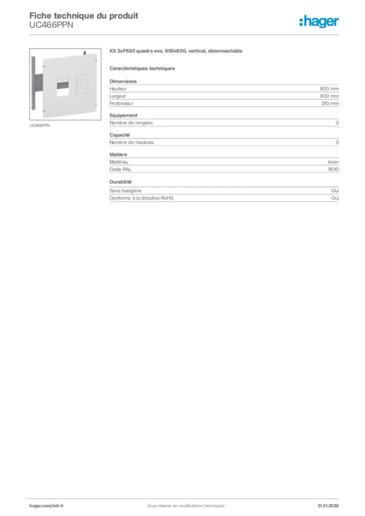 Image Hager Fiche technique du produit UC466PPN | Hager Afrique
