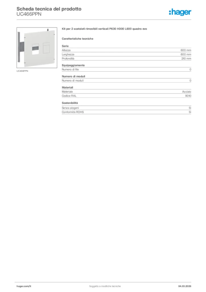 Immagine Hager Scheda tecnica del prodotto UC466PPN | Hager Italia