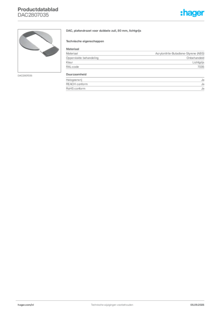 Afbeelding Hager Productdatablad DAC2807035 | Hager Nederland