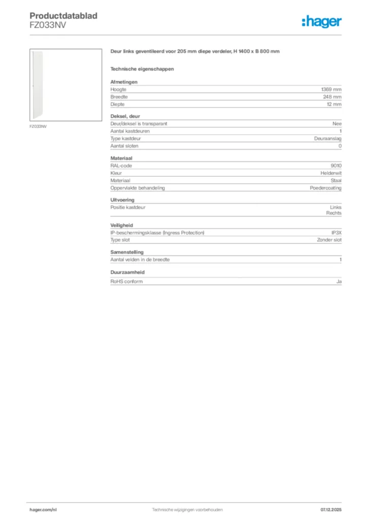 Afbeelding Hager Productdatablad FZ033NV | Hager Nederland