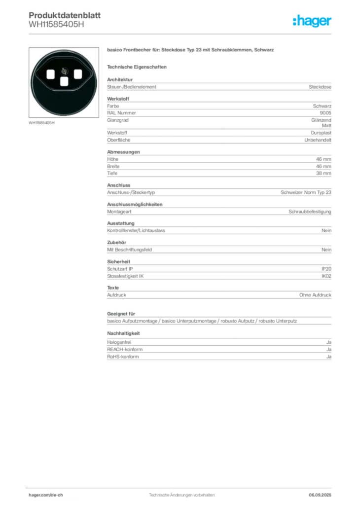 Bild Hager Produktdatenblatt WH11585405H | Hager Schweiz