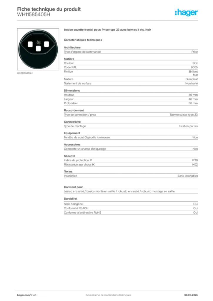 Image Hager Fiche technique du produit WH11585405H | Hager Suisse
