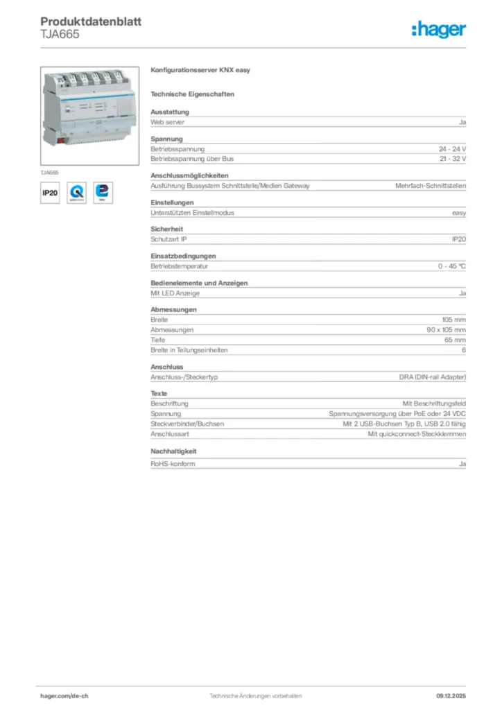 Bild Hager Produktdatenblatt TJA665 | Hager Schweiz