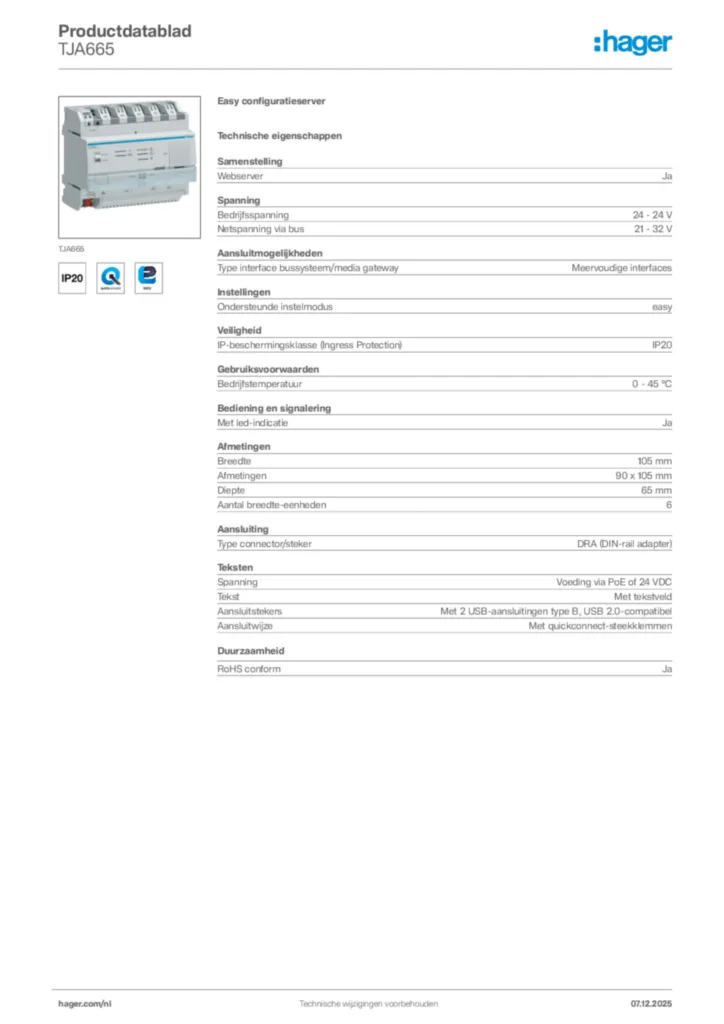 Afbeelding Hager Productdatablad TJA665 | Hager Nederland