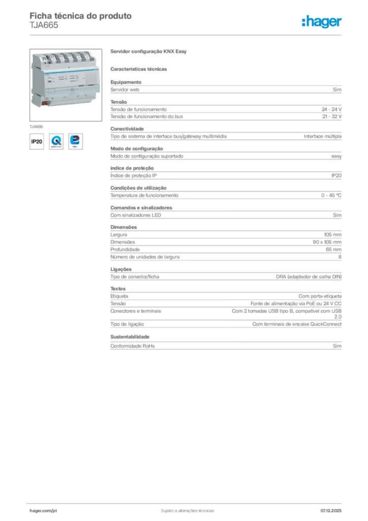 Imagem Hager Ficha técnica do produto TJA665 | Hager Portugal