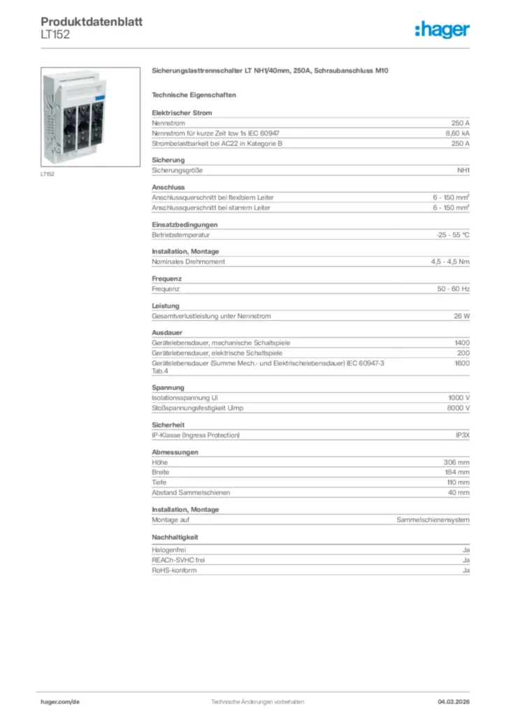 Bild Hager Produktdatenblatt LT152 | Hager Deutschland