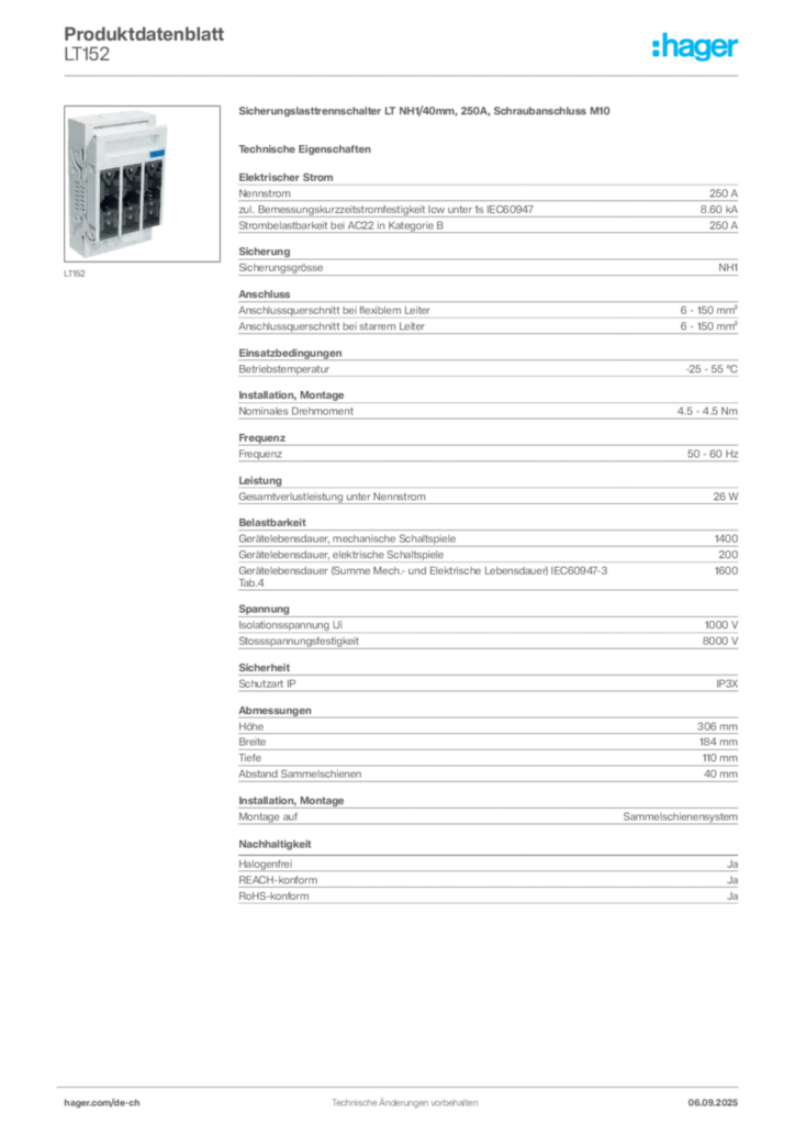 Bild Hager Produktdatenblatt LT152 | Hager Schweiz