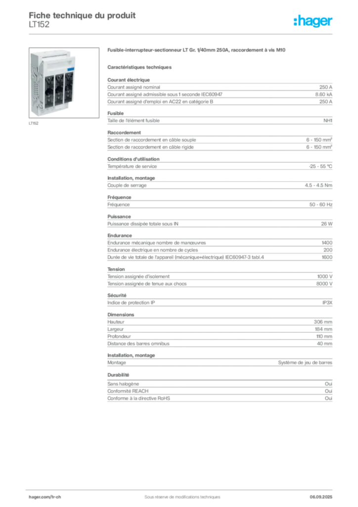 Image Hager Fiche technique du produit LT152 | Hager Suisse