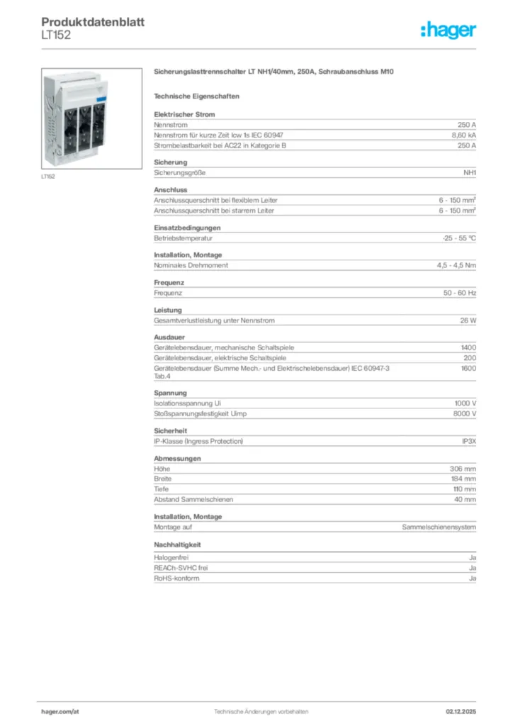 Bild Hager Produktdatenblatt LT152 | Hager Deutschland