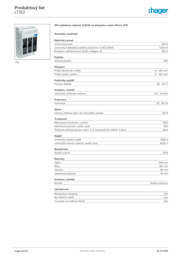 Obrázek Hager Product data sheet LT152 | Hager