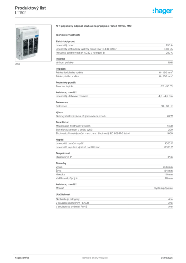 Obrázek Hager Produktový list LT152 | Hager