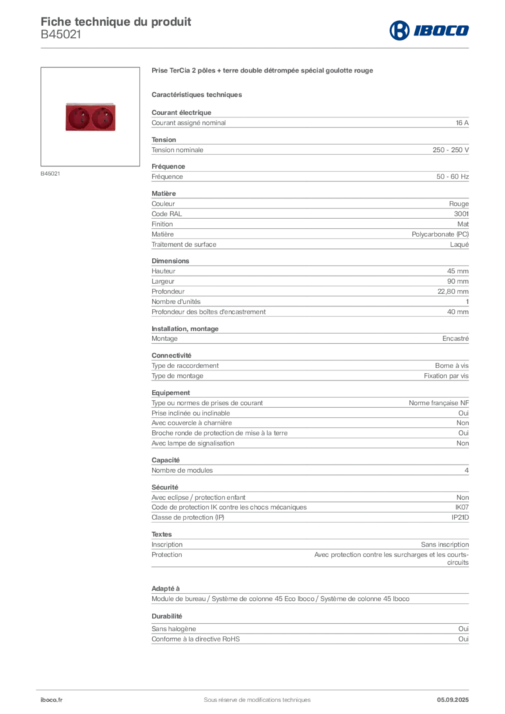 Image Iboco Fiche technique du produit B45021 | Hager France