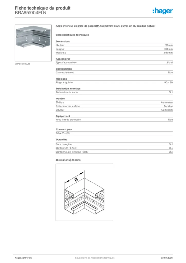 Image Hager Fiche technique du produit BRA651004ELN | Hager Suisse