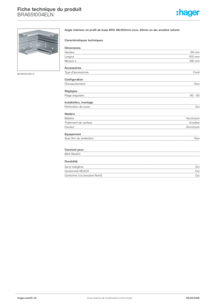 Image Hager Fiche technique du produit BRA651004ELN | Hager Suisse