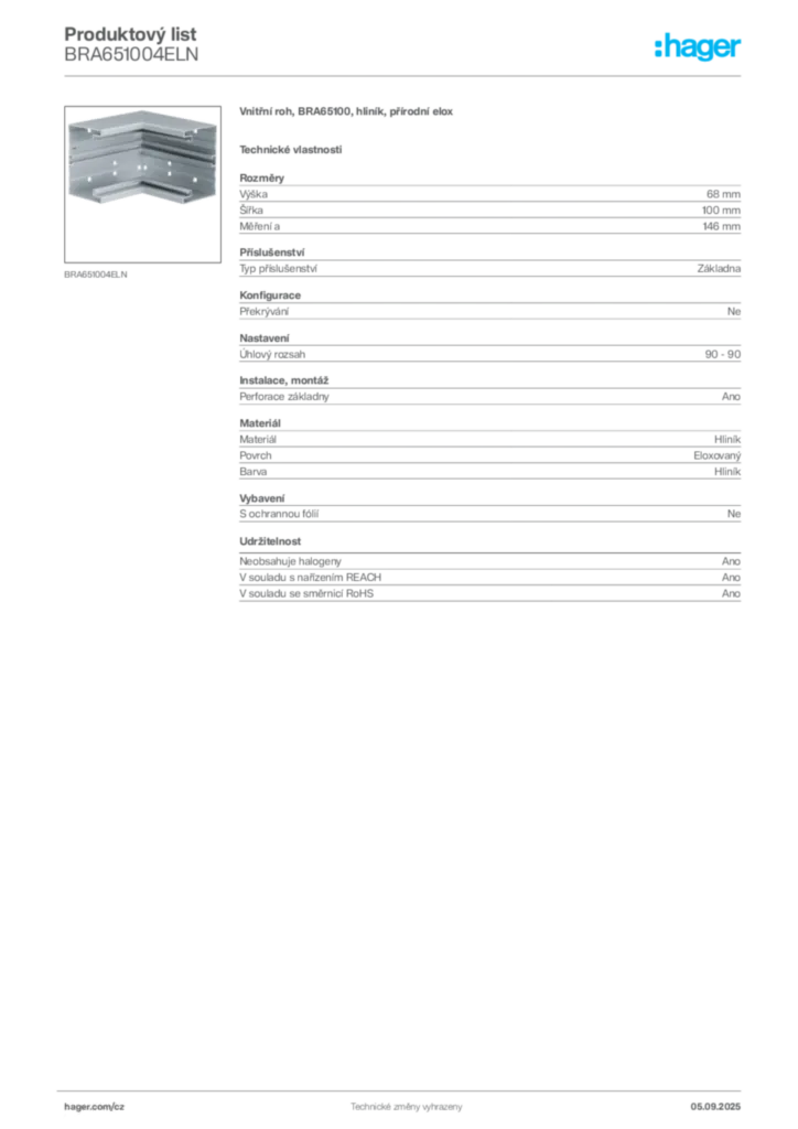 Obrázek Hager Produktový list BRA651004ELN | Hager